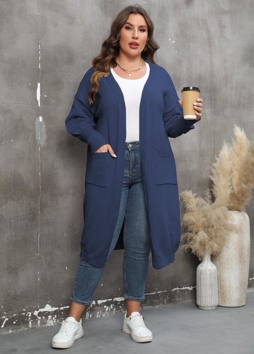 Color-purplish blue-Women Coat plus Size Women Clothes Loose Mid Length Woven Sweater Double Pocket Lantern Sleeve Sweater Cardigan-Fancey Boutique