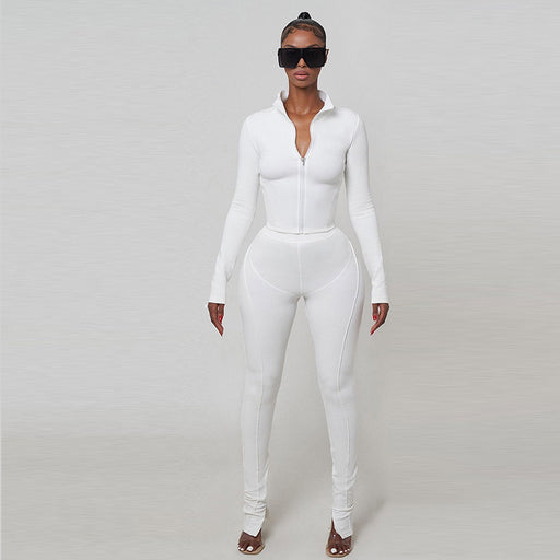 Color-White-Autumn Solid Color Zipped Stand Collar Long Sleeve Casual Jacket Fitness Yoga Wear Trousers Set-Fancey Boutique