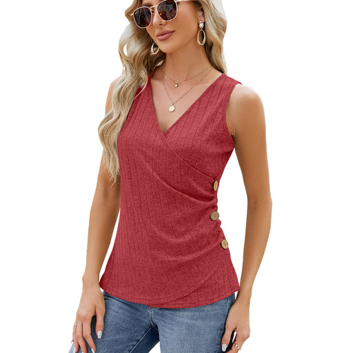 Summer Solid Color V neck Button Cinched Sleeveless Vest Top Ladies-Red-Fancey Boutique