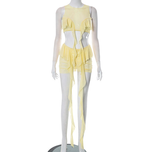 Color-Yellow-Women Clothing Spring Summer Sleeveless Short Vest Mesh See through Mid Length Skirt Set-Fancey Boutique