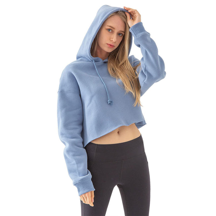 Women Sports Sweater Autumn Winter Fleece-Lined Pullover Hoodie Personalized Bare Cropped Long Sleeved Top-Fancey Boutique