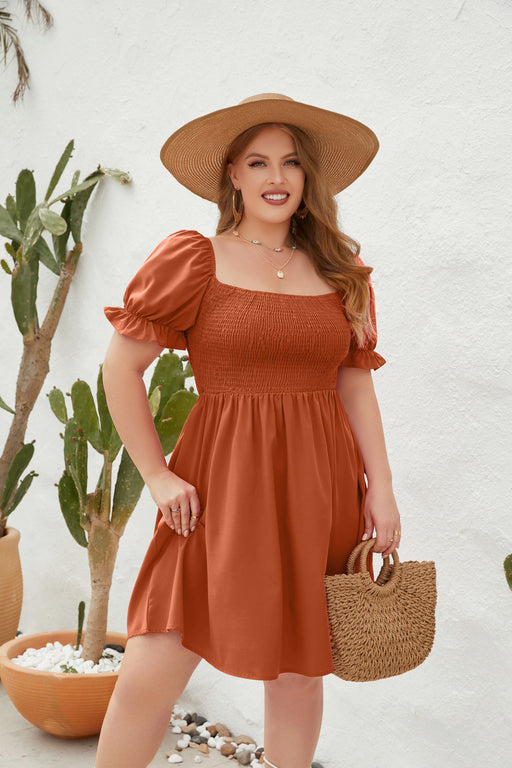 Color-Orange-Plus Size Women Clothing Solid Color Casual Holiday Dress Travel Square Collar Smocking Puff Sleeve Dress-Fancey Boutique