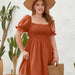 Color-Orange-Plus Size Women Clothing Solid Color Casual Holiday Dress Travel Square Collar Smocking Puff Sleeve Dress-Fancey Boutique