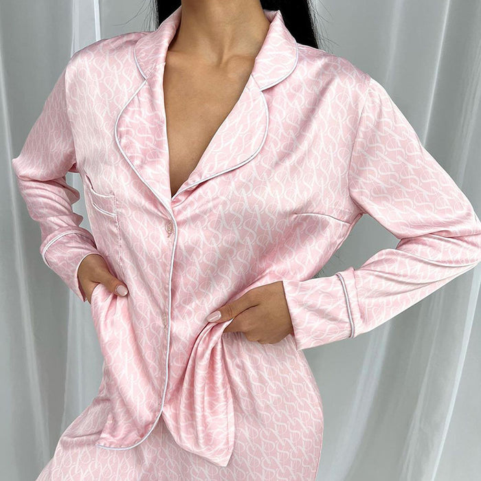 Color-Multi-Fall Pink Printing Artificial Silk Loose Comfort Casual Breathable Ladies Homewear Daily Wear Pajamas-Fancey Boutique