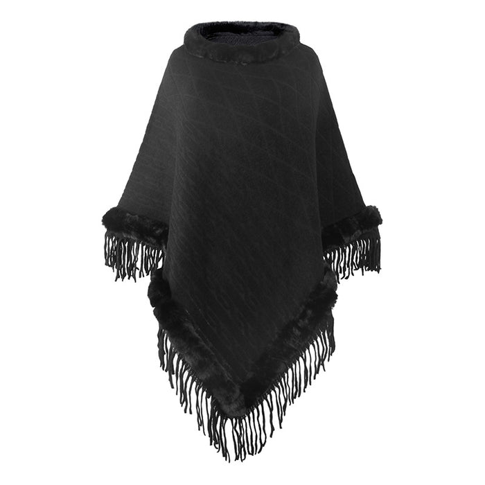Color-Black-Women Clothing Autumn Winter Fur Collar Solid Color Knitted Cape Shawl-Fancey Boutique