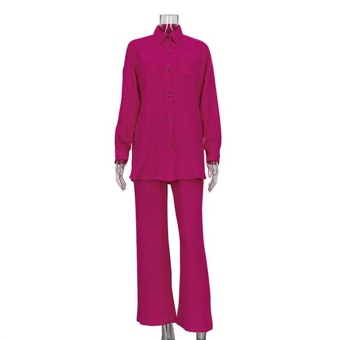 Fashion Loose-Fitting Long Sleeves Shirt Wide Leg Pants Two-Piece Set Commuting Elegant Pink Suit-Pink-Fancey Boutique