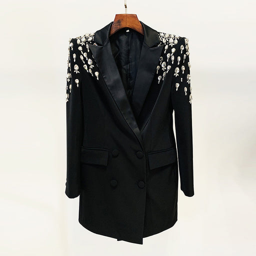 Color-Black-Star Handmade Gorgeous Heavy Industry Beads Diamond Embedded Slim Fit Long Blazer-Fancey Boutique