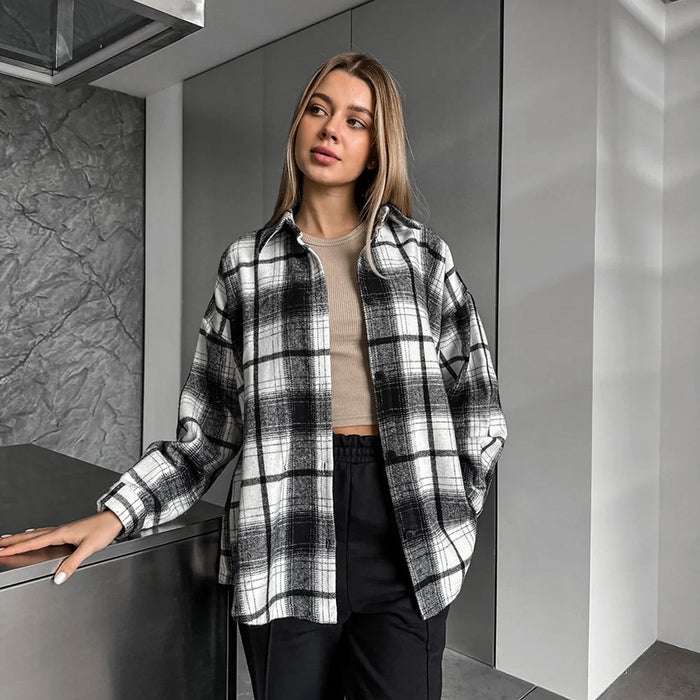 Retro Classic Loose Black White Plaid Shirt Casual Popular Long Sleeve Shirt Women-Multi-Fancey Boutique