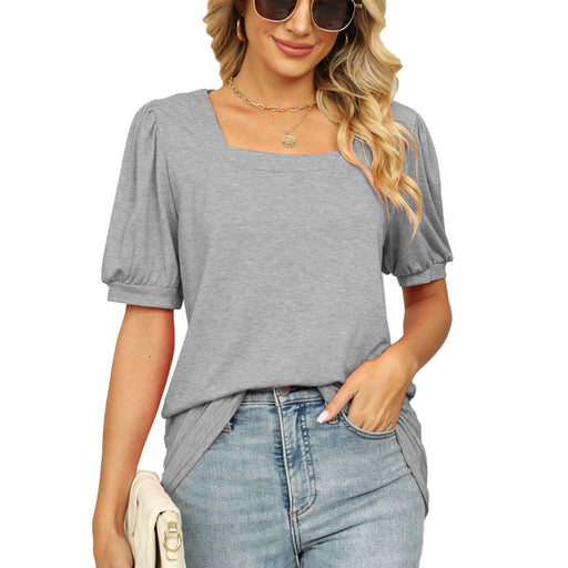 Spring Summer T shirt Solid Color Square Collar Pleated Short Sleeve Puff Sleeve Women-Gray-Fancey Boutique