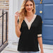 Color-Black-Summer Cross Border Women Clothing V neck Lace Satin Mid Sleeve Shirt Top-Fancey Boutique