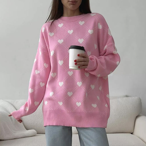 Autumn Winter Sweater Mid Length Sweater Love Pullover Crew Neck Sweater Women-Pink-Fancey Boutique