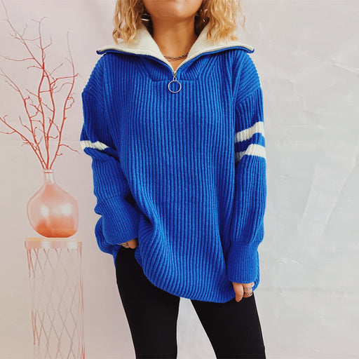 Color-Blue-Autumn Winter Loose Casual Zipper Collared Arm Striped Knitted Sweater Pullover Sweater-Fancey Boutique