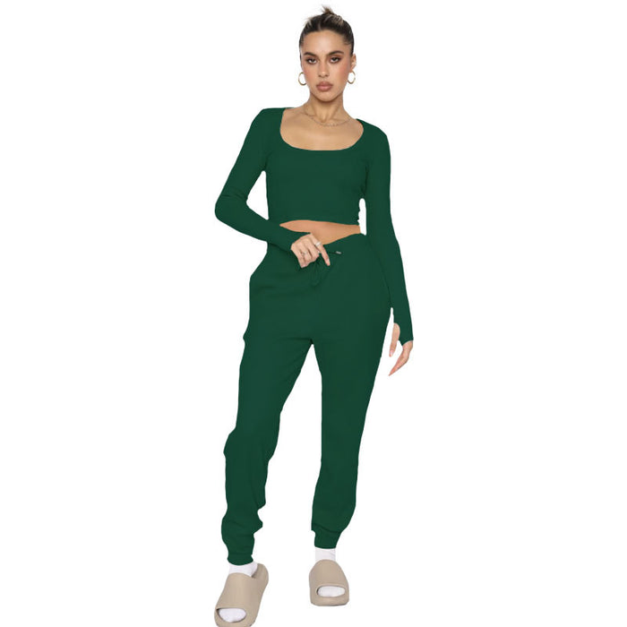 Color-Blackish Green-Autumn Winter U Collar Pullover Long Sleeved Women Two Piece Suit Casual Trousers-Fancey Boutique