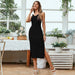 Color-Black-Women Clothing Office V neck Flounce Split Sling Sheath Dress Midi Dress-Fancey Boutique