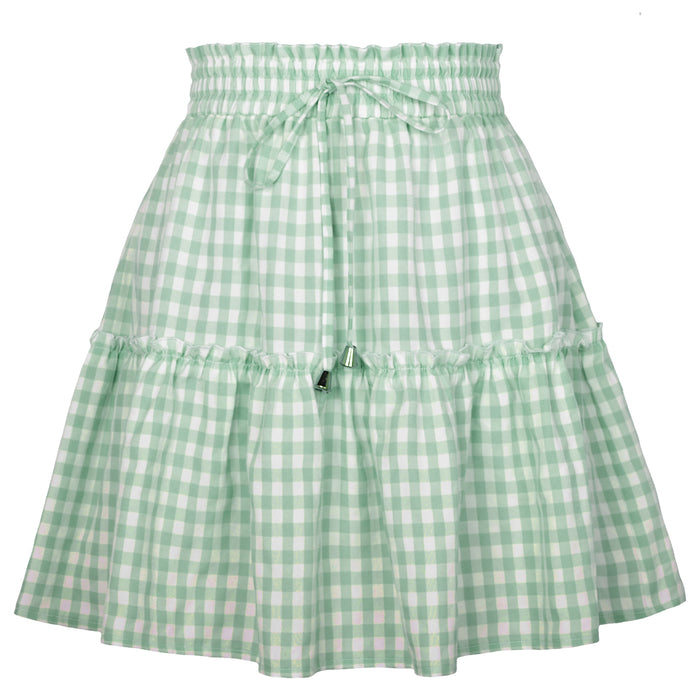 Color-Green-Popular Women Pleating Plaid Printed Skirt High Waist Elastic Retro Plaid Skirt-Fancey Boutique