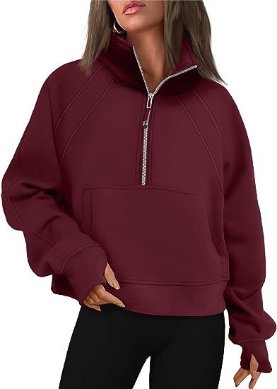 Color-Burgundy-Women Clothing Half Zipper Short Stand Collar Thumb Hole Brushed Hoody-Fancey Boutique