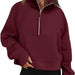 Color-Burgundy-Women Clothing Half Zipper Short Stand Collar Thumb Hole Brushed Hoody-Fancey Boutique