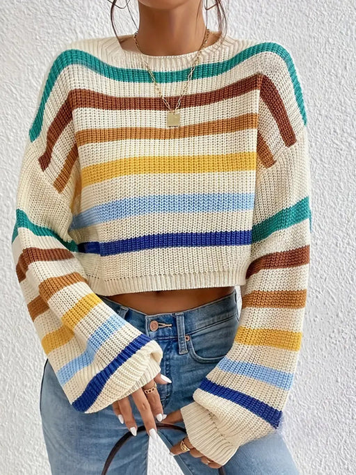 Autumn Winter Women Sweater Pullover round Neck Classic Striped Sweater Loose Casual Top Women-Apricot-Fancey Boutique