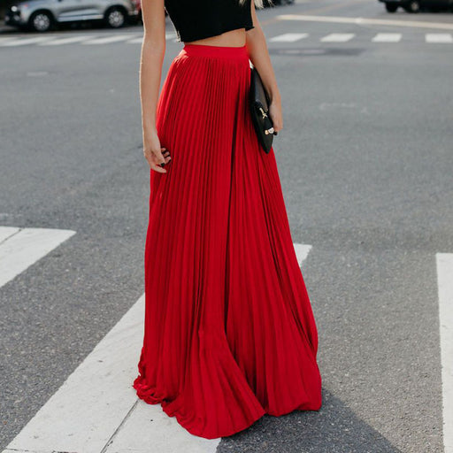 Color-Red-Summer Elegant Pleated Mopping Solid Color Wide Hem Skirt-Fancey Boutique