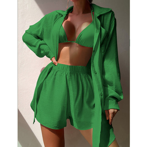 Color-Green-Beach Vacation Solid Color Shirt Suit Sexy Loose Sun Protective Clothing Casual Beach Swimsuit Blouse-Fancey Boutique
