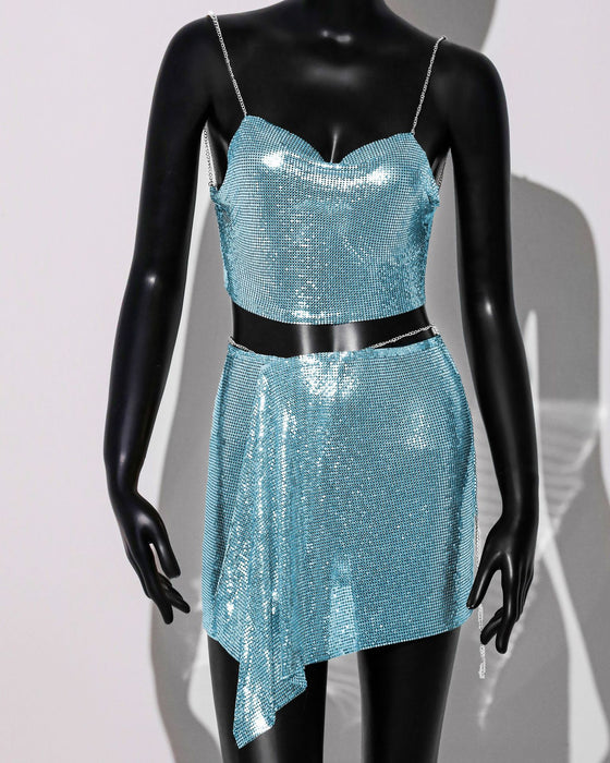 Outfit Skirt Metal Sequ Sling Skirt Set Sexy Sexy Two Piece Set Women-Turquoise-Fancey Boutique