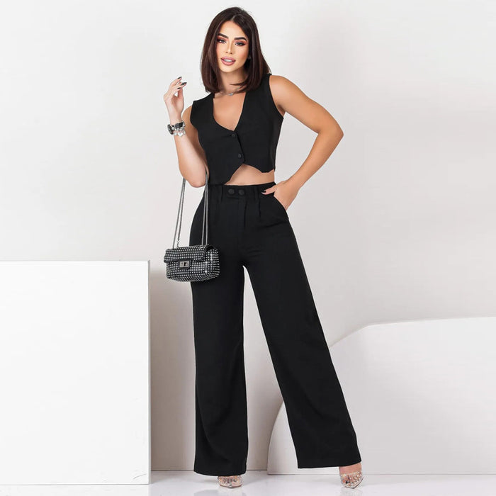 Color-Black-Casual Set Women Solid Color Sleeveless Cropped Women Loose Trousers Two Piece Set-Fancey Boutique