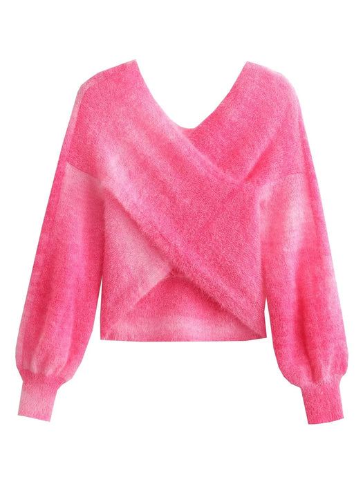 Color-Rose Pink-Autumn Personalized Gradient Tie Dyed Chest Criss Cross Lantern Sleeve Mohair Knitted Sweater-Fancey Boutique