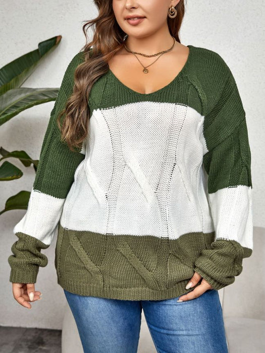 Color-Green-Plus Size Autumn Winter Color Block Crew Neck Comfortable Warm Sweater-Fancey Boutique