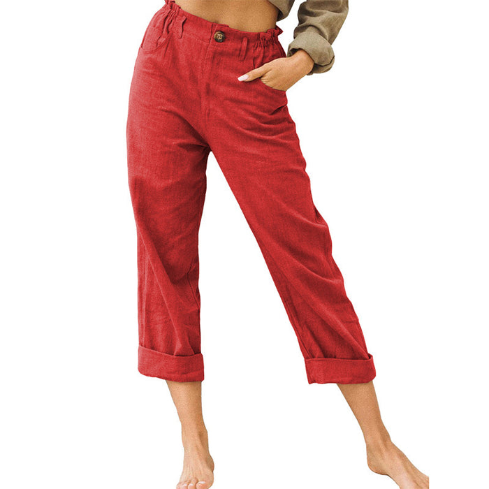 Color-Red-Women Clothing Summer Solid Color Cotton Linen Loose High Waist Casual Trousers-Fancey Boutique