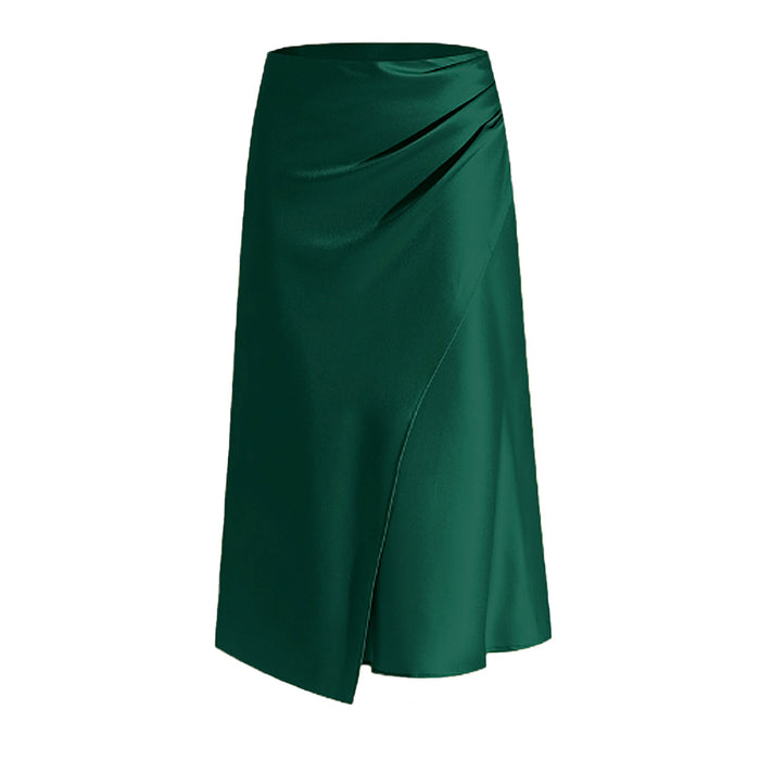 Color-Blackish Green-Women Clothing High Waist Satin Heap Pleated Split Dress Solid Skirt Zipper Fishtail Hip Skirt-Fancey Boutique