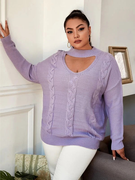 Color-Lavender-Plus Size Sexy V neck Long Sleeve Knitted Sweater Women Loose Autumn Winter Women Clothes Solid Color Twisted Sweater-Fancey Boutique