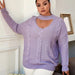 Color-Lavender-Plus Size Sexy V neck Long Sleeve Knitted Sweater Women Loose Autumn Winter Women Clothes Solid Color Twisted Sweater-Fancey Boutique