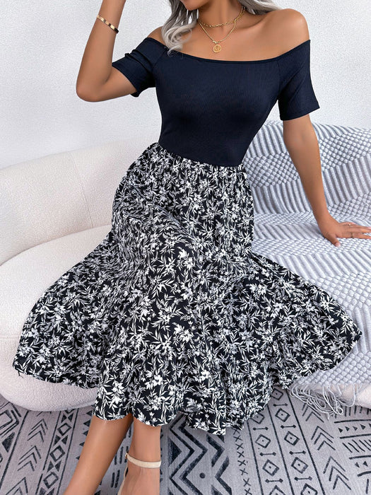 Color-Black-Spring Summer Casual off the Shoulder Floral Ruffled Mid Length Dress Women Clothing-Fancey Boutique