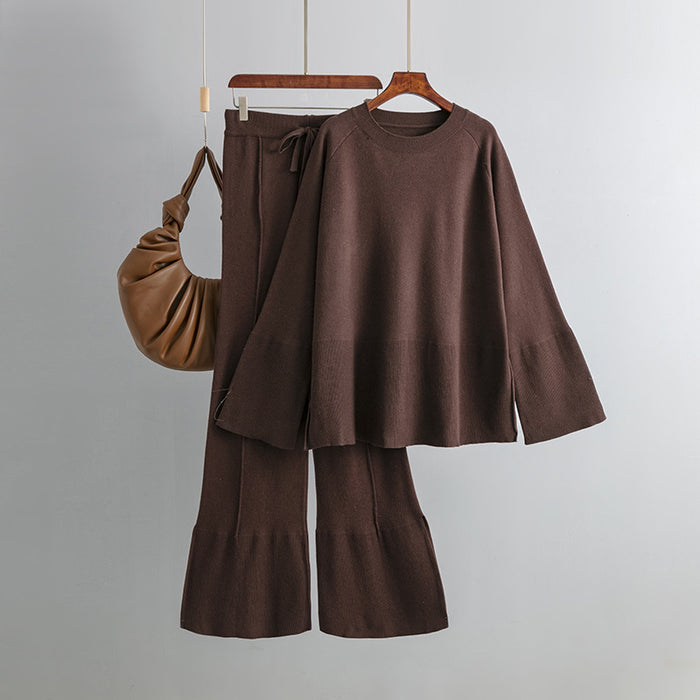 Color-Coffee-Loose Knitting Suit Autumn Winter Flared Sleeves round Neck Slit Loose Suit-Fancey Boutique