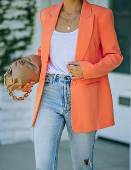 Color-Orange-Autumn Winter Women Solid Color Collared Long Sleeve Small Blazer-Fancey Boutique