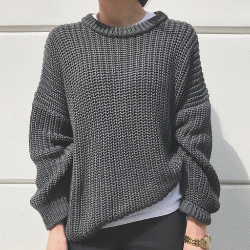Color-Gray-Autumn Winter Casual Simple Thick Needle Long Sleeve Round Neck Loose Knitted Pullover Sweater Women-Fancey Boutique