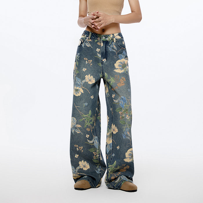 Women Same High Street Floral Wide Leg Jeans Printed Loose Fitting Nine One Mouth Two Leg Mop Pants-Blue-Fancey Boutique