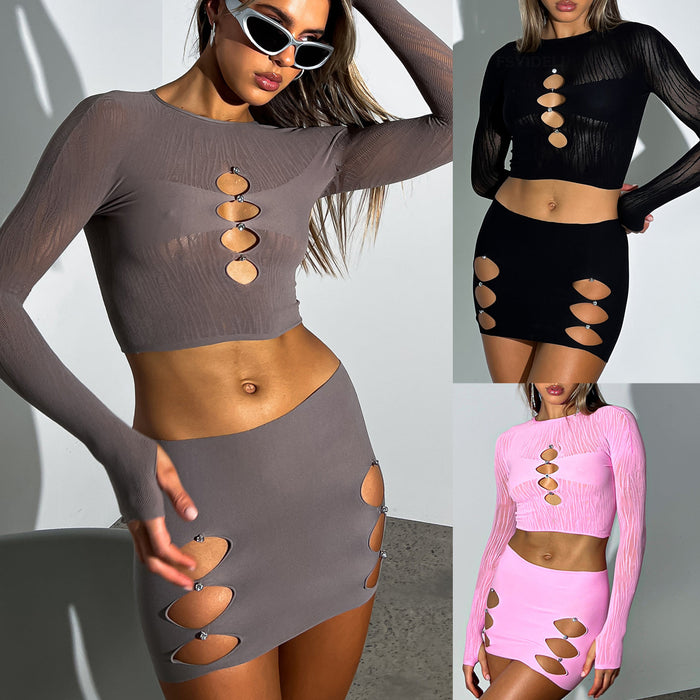 Fall Women Clothing Long-Sleeve Set Mesh Sheer Cutout Rhinestone Sexy Sexy Skirt Set-Fancey Boutique