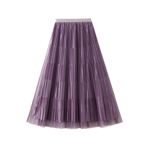 Color-Purple-High End Mesh Pleated Skirt Women Front Back Wear Western A line Skirt College Slimming-Fancey Boutique