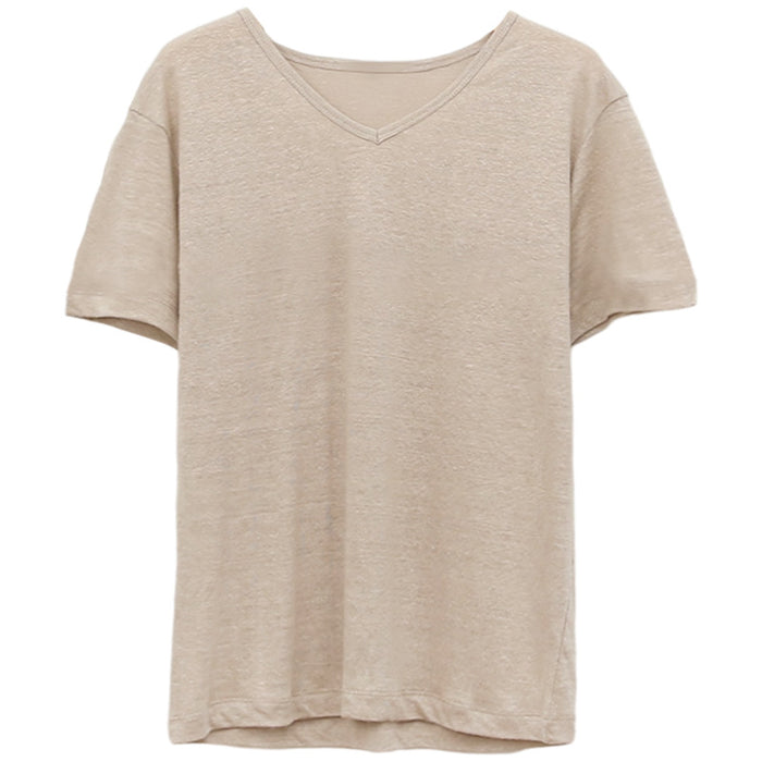 V neck Short Sleeved T shirt Summer Simple Cotton Linen Loose Solid Color Bottoming Slimming Outerwear T shirt Top Women Clothing-Milk Tea Color-Fancey Boutique