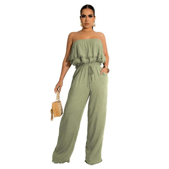 Color-Light Army Green-Women Clothing Solid Color Sleeveless Casual Wrapped Chest Ruffled Jumpsuit-Fancey Boutique