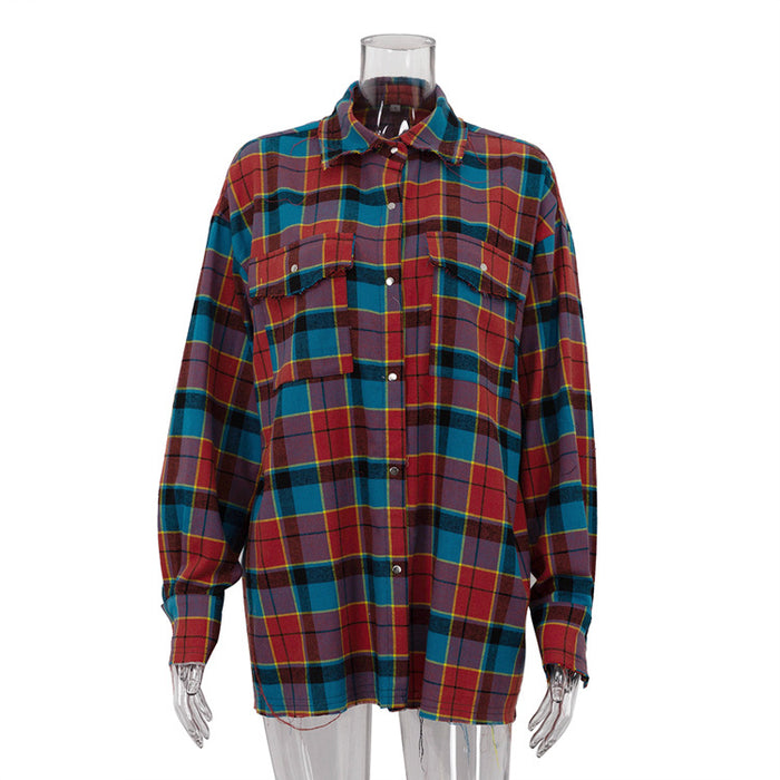 Fall Collared Long Sleeve Top Women Retro Loose Single Row Multi Buckle Plaid Shirt Women-Red-Fancey Boutique