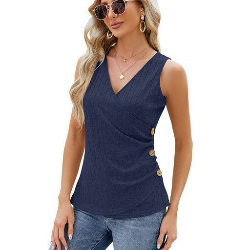 Summer Solid Color V neck Button Cinched Sleeveless Vest Top Ladies-Navy Blue-Fancey Boutique