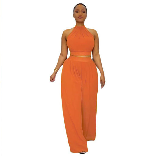 Sexy Pleated Sleeveless High Waist Top Wide Leg Pants Two Piece Set-Orange-Fancey Boutique