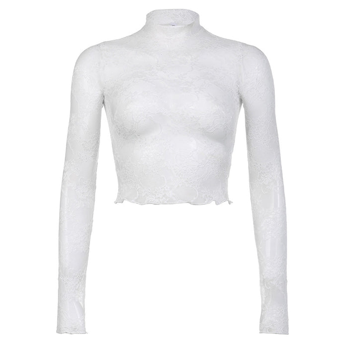 Color-White-Spring Summer Sexy Perspective Lace Turtleneck Long Sleeve T Sshirt Thin Tight Short Top-Fancey Boutique