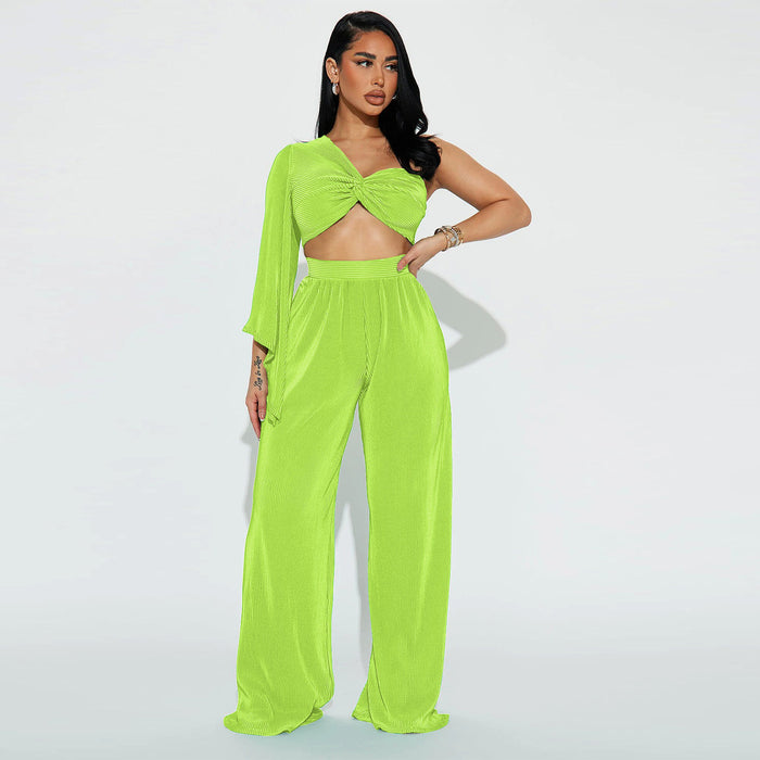 Color-Green-Autumn Sexy Shoulder Long Sleeve Top Trousers Two Piece Set-Fancey Boutique