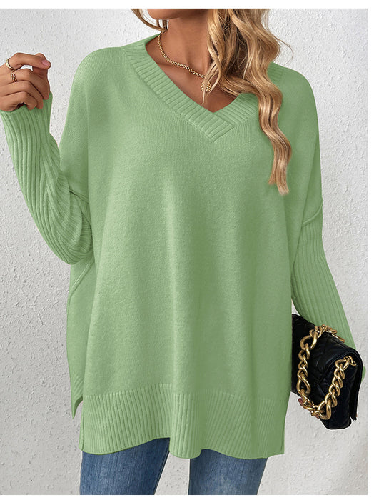 Color-Green-Autumn Winter Pullover Sweater Idle V neck Casual Stitching Long Sleeved Sweater for Women-Fancey Boutique