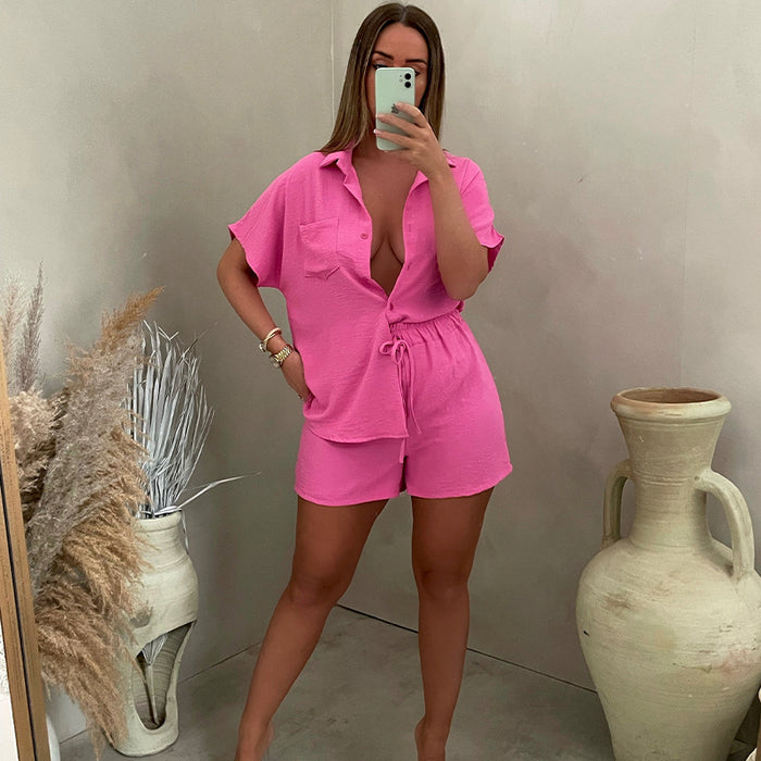 Color-Dark Pink-Latin Casual Suit Solid Color Classic Single Breasted Sleeve Shirt Elastic Waist Shorts Two Piece Set-Fancey Boutique
