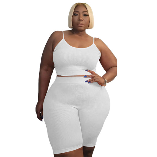 Color-White-Plus Size Women Clothing Casual Sports Two Piece High Elastic U Shaped Sleeveless Shorts Suit-Fancey Boutique