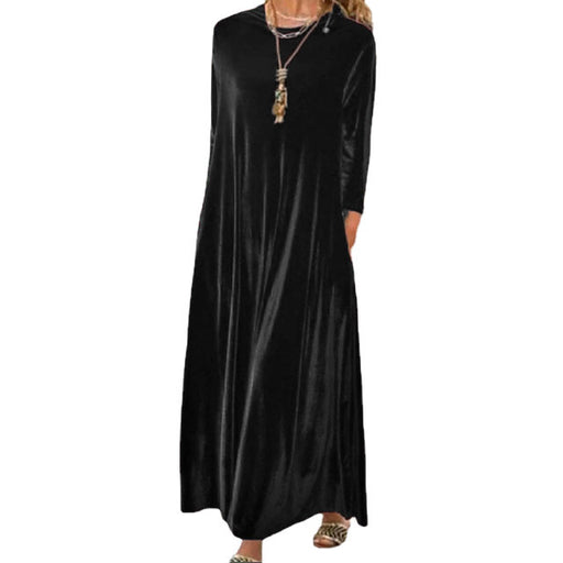 Color-Black-Spring Gold Velvet Slimming Crew Neck Maxi Dress-Fancey Boutique